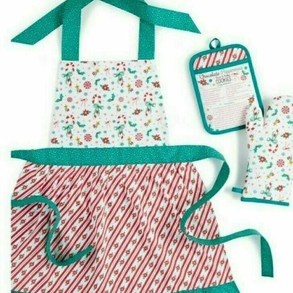 🎄 ♥️ NEW The Pioneer Woman Chocolate Peppermint 3 Piece Kitchen Apron Set - Picture 2 of 4